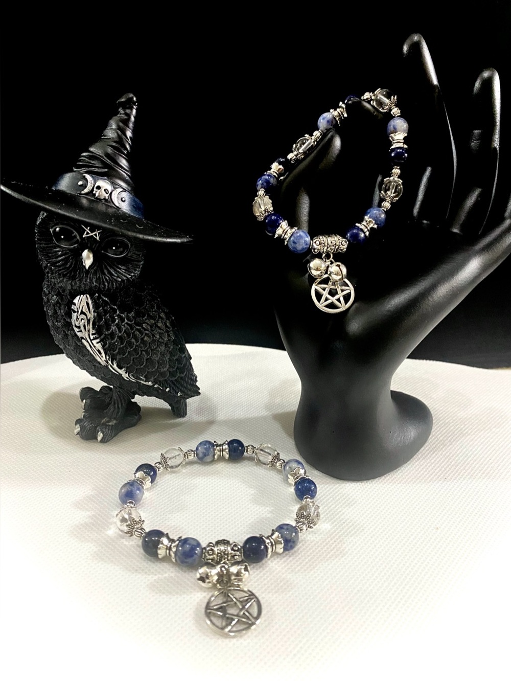 Blue Gemstones Silver Pentagram /bells Stretch Bracelet, handcrafted.